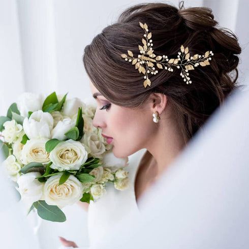 inSowni 5 Pack Gold Pearls Leaf Hair Pins, Wedding Bridal Alligator Leaves Hair Clips for Women Girls