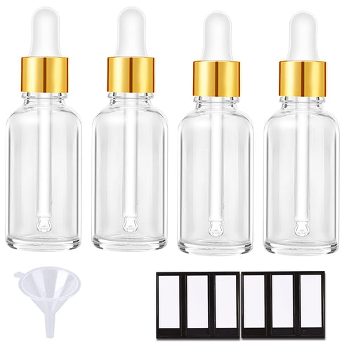 PrettyCare 4 Pack 1oz Dropper Bottles for Essential Oils - Clear Glass, Leak Proof Tincture Bottles