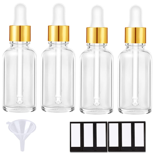 PrettyCare 4 Pack 1oz Dropper Bottles for Essential Oils - Clear Glass, Leak Proof Tincture Bottles