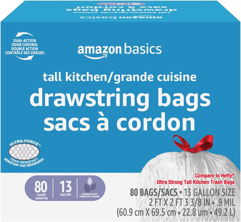 Amazon Basics Force Flex Tall Kitchen Drawstring Trash Bags, Lavender Scented, 13 Gallon, 80 Count