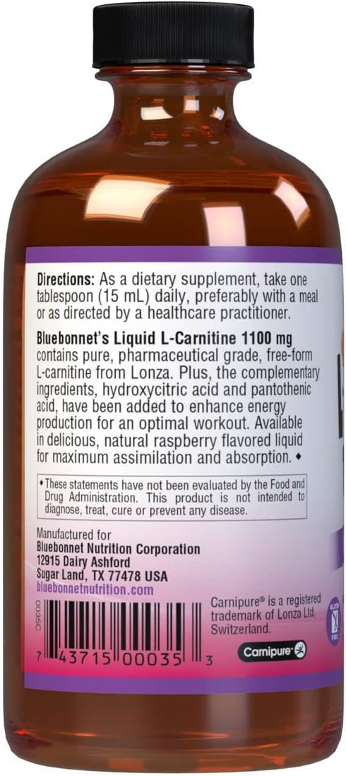 Bluebonnet Liquid L-Carnitine, 1100 mg, Raspberry, 8 Fluid Ounce
