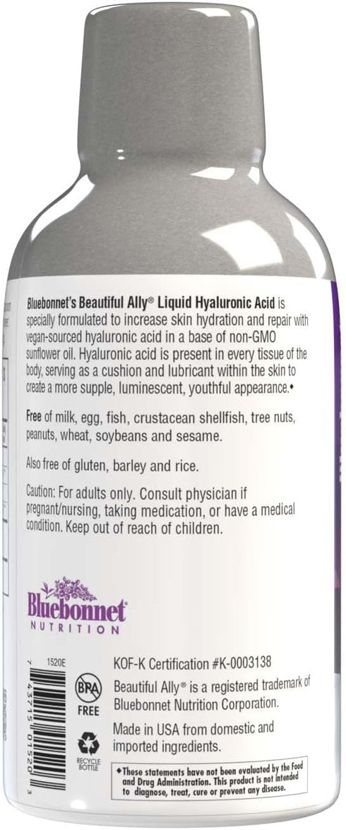 Bluebonnet Nutrition Beautiful Ally Liquid Hyaluronic Acid, 16 fl oz, Non-GMO, Vegan, Gluten-Free, Mixed Berry Flavor,