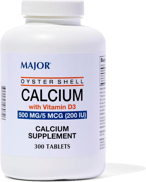 Major Oyster Shell Calcium with Vitamin D3, 500 mg / 5 mcg (200 IU) - Daily Calcium Supplement, 300 Tablets