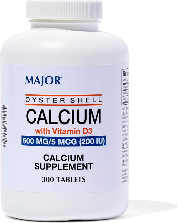 Major Oyster Shell Calcium with Vitamin D3, 500 mg / 5 mcg (200 IU) - Daily Calcium Supplement, 300 Tablets