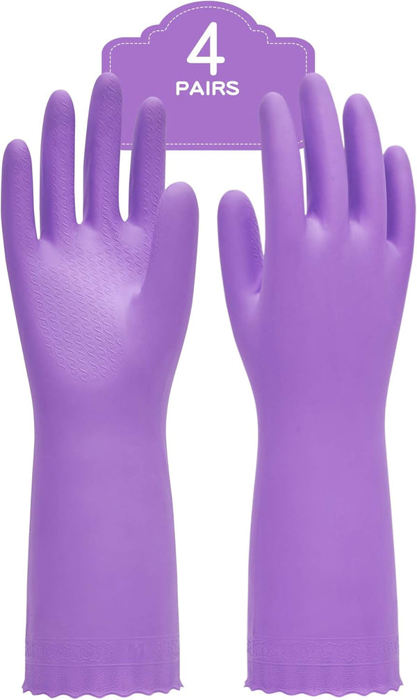 PACIFIC PPE 4 Pairs Reusable Dishwashing Cleaning Gloves, Latex Free, Cotton Lining, Kitchen Gloves, Purple, Large