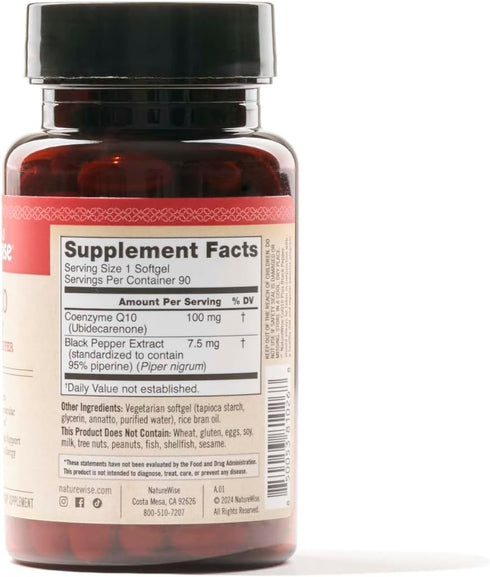 NatureWise CoQ10 100mg Softgels, High Absorption with BioPerine, Antioxidant for Heart Health, Vegan, Non-GMO, 90