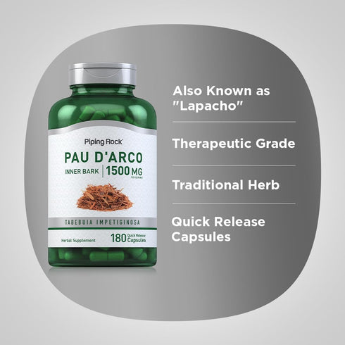 Piping Rock Pau d'Arco Capsules | 1500mg | 180 Count | Herbal Extract Supplement, Non-GMO, Gluten Free