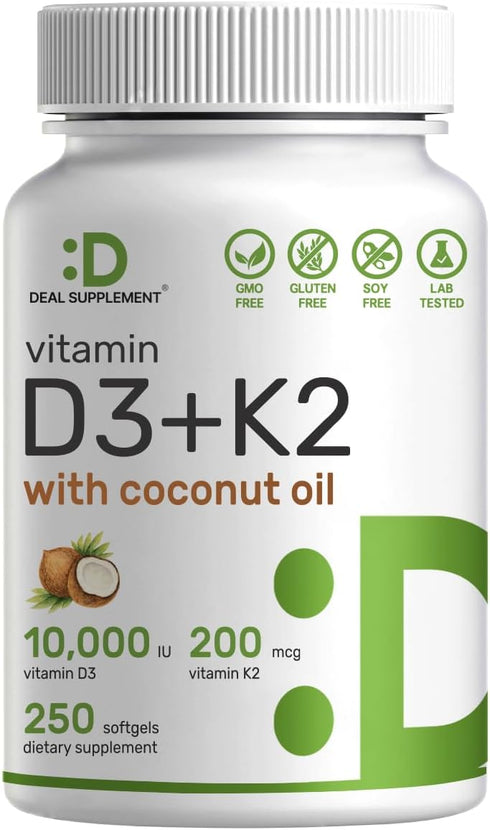 DEAL SUPPLEMENT Sunshine Vitamin D - 10000 IU Vitamin D3 with K2 MK7, Easy to Swallow for Bone & Immune Support