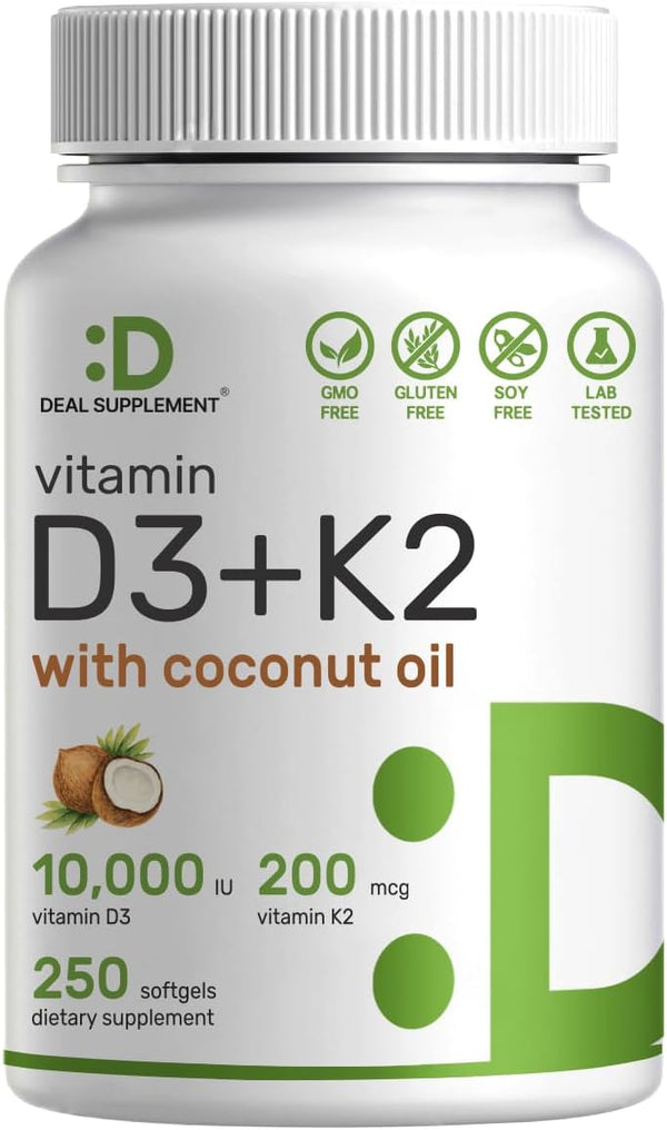 DEAL SUPPLEMENT Sunshine Vitamin D - 10000 IU Vitamin D3 with K2 MK7, Easy to Swallow for Bone & Immune Support