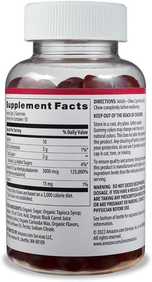 Amazon Basics Vitamin B12 3000 mcg Gummies, Normal Energy Production and Metabolism, Immune System Support, Raspberry, 200 Count (2 Packs of 100), 2 per serving