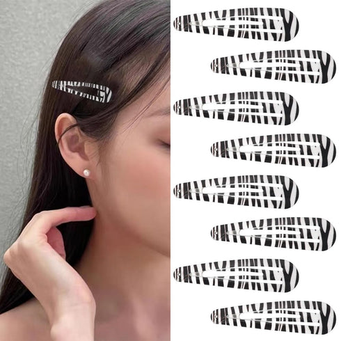 Zebra Print Hair Snap Clips, Black and White Trendy Metal Barrettes for Women Girls, 8 PCS