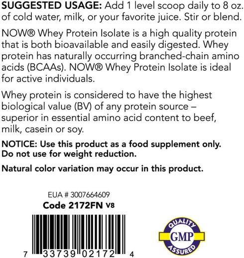 NOW Foods Sports Nutrition, Whey Protein Isolate, 25 g with BCAAs, Unflavored Powder, 1.2-Pound