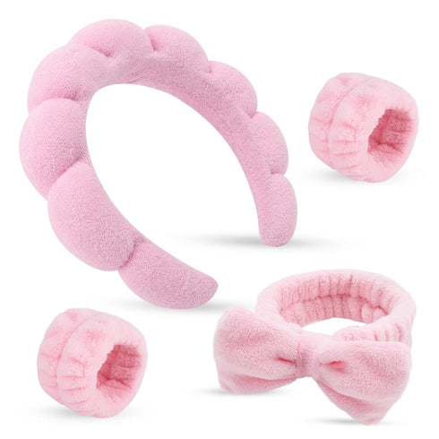 Puffy Spa Headband & Skincare Headbands for Women, Terry Cloth Towel Head Band, 4 Pcs Face Wash Wristband Set