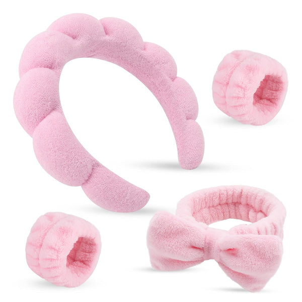Puffy Spa Headband & Skincare Headbands for Women, Terry Cloth Towel Head Band, 4 Pcs Face Wash Wristband Set