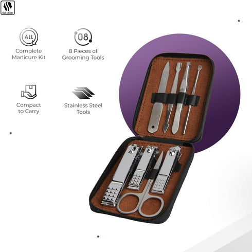 Skull Shaver 8-Piece Manicure Set for Men: Stainless Steel Nail Kit & Grooming Tools