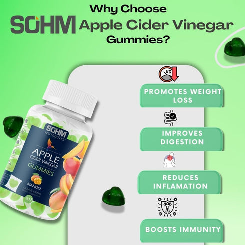 Gummy 500 60 Count SOHM Apple Cider Vinegar mg - Individually Wrapped Extra Strength - Mango Flavour-Gelatin-Free