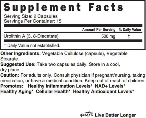Nutri Urolithin A Supplement 500mg - 30 Vegan Capsules, 2 Week+ Supply - Powerful NAD+ Boost, Antioxidant, Cell Repair