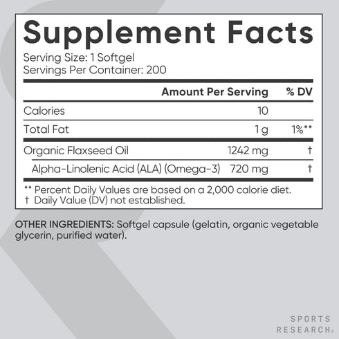 Sports Research Extra Strength Flaxseed Oil Softgels, 1242mg, Plant Based Omega-3, 200 Count