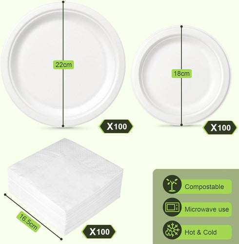 Set, 7-inch, 9-inch 100 Disposable Paper Plates Eco friendly Heavy Duty Plates and Napkins Party Supplies, Compostable