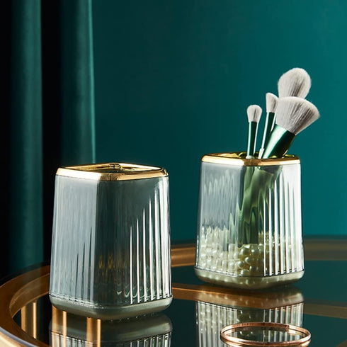 Makeup Brush Holder Organizer for Vanity, Acrylic Gold Make Up Brushes Holders Container Storage Cup with Striped Design for Bathroom Countertop, Pen Pencil Holder Cosmetic Cup for Desk by Lebenrich