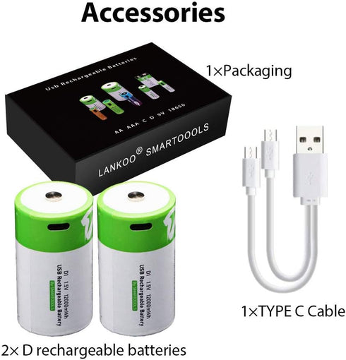 Rechargeable D Batteries 1.5V 12000mWh, USB Lithium Ion Rechargeable D Battery with USB Type C Charging Cable, 2-Pack