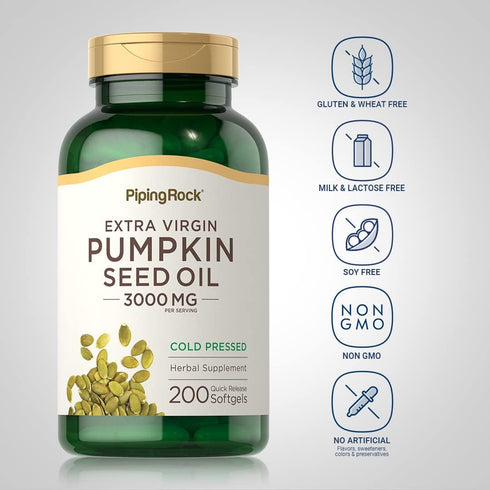 Piping Rock Pumpkin Seed Oil Capsules 3000mg, 200 Count, Cold Pressed Herbal Supplement, Non-GMO