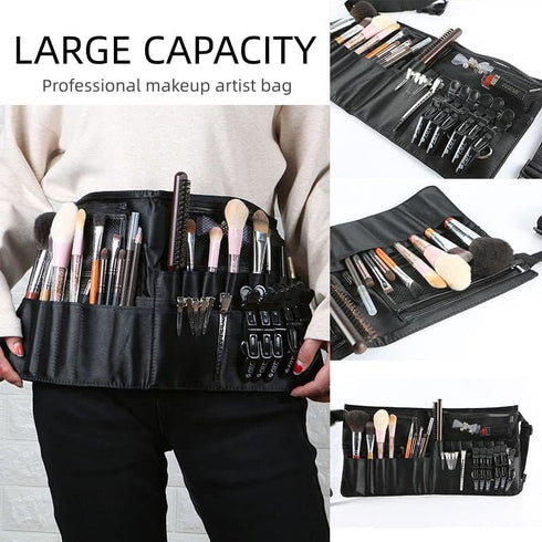 Professional Portable Makeup Brush Waist Bag Case, Foldable Cosmetic Brush Pouch with Multi Pockets