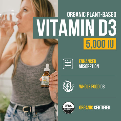 Plant-D3 D3 5000 D3 200% 100% (1oz Organic Vitamin IU - Vegan, Max Strength Sublingual Liquid Drops - Higher Absorption
