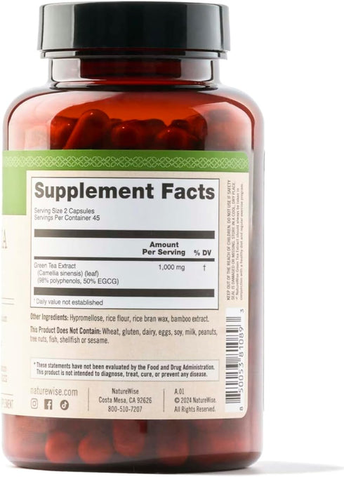 NatureWise Green Tea Extract Capsules | 1000 mg - 50% EGCG & 98% Polyphenols - 90 Capsules for Heart Health