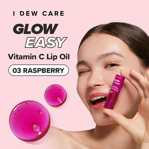 I DEW CARE Lip Gloss - Glow Easy Raspberry, Jojoba Seed Oil, Vitamin C, Hydrating, Korean Makeup, 0.12 FL Oz