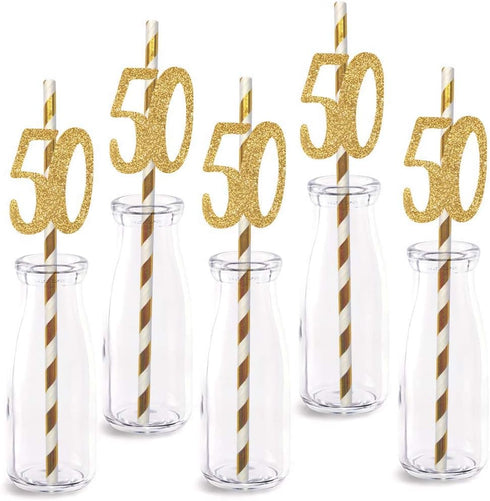 50th Birthday Paper Straw Decor, 24-Pack Real Gold Glitter Cut-Out Numbers for Happy 50 Years Party
