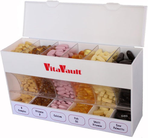 VitaVault Six Compartment Pill Organizer for Medication,s Vitamins, and Supplements with Filler