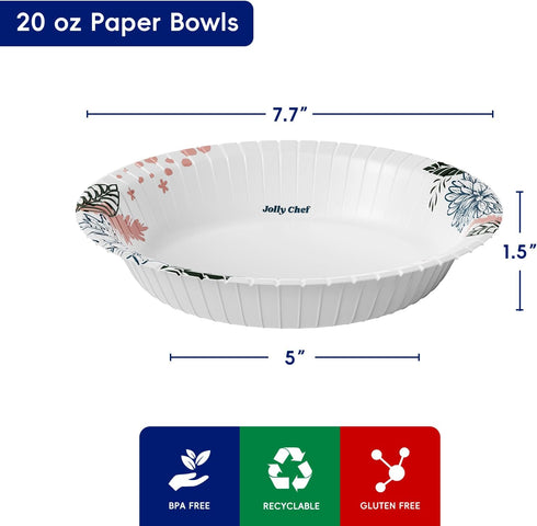 JOLLY CHEF 160 Count Paper Bowls, 20 oz Soak Proof and Cut Proof, Heavy Duty Disposable Bowls for Dinner or Lunch