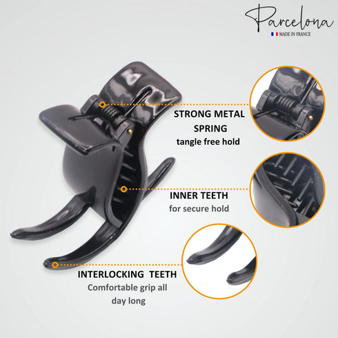 Parcelona French Small Three Teeth Pony Fish Style Hair Claw Clip Clamp, Strong Grip, Tortoise Shell and Black