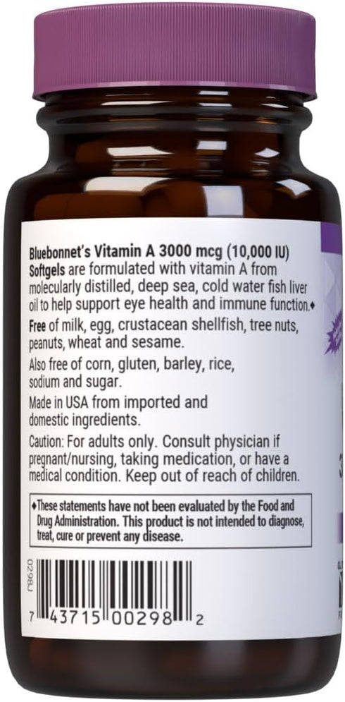Bluebonnet Nutrition Vitamin A 10,000 IU from Deep Sea, Cold Water, Fish Oil - 100 Softgels - For Eye Health & Immune