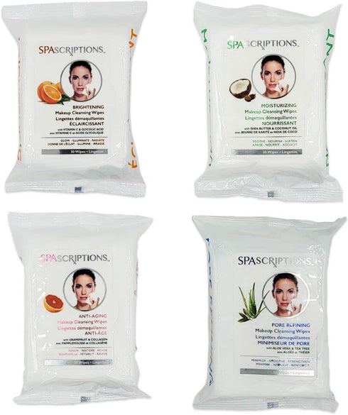 SpaScriptions Makeup Cleansing Wipes, 30 CT Variety 4 Pack, Total 120 Count