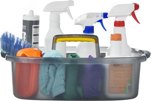 Large Cleaning Caddy with Handle, Sturdy Bucket Organizer for Cleaning Supplies, Clear Grey