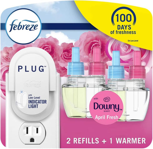 Febreze Air Freshener Plug In, Wall Diffuser, Downy April Fresh Scent, Odor Fighter, 1 Warmer + 2 Oil Refills