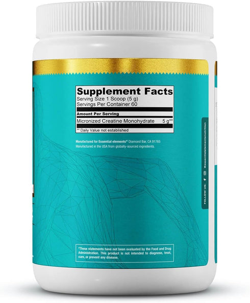 Essential Elements Monohydrate Creatine Powder - Micronized Instantized Unflavored Pure Creatine, 60 Servings
