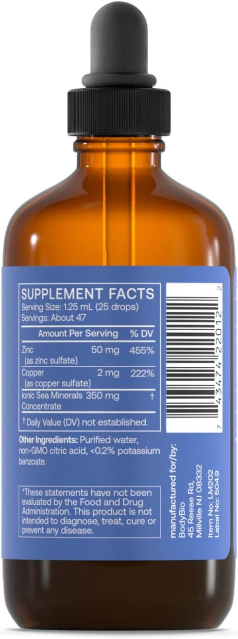 BodyBio Ionic Liquid Zinc Drops 2 oz | Immune Health & Cell Repair | Concentrated Liquid Zinc Supplement