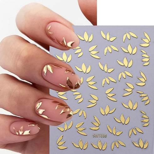8 Sheets 3D Bronzing Flower Leaf Nail Stickers - Self-Adhesive Gold Silver Rose Gold Floral Leaves for Women