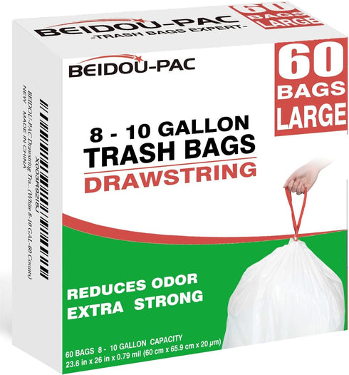 Trash Bags 8-10 Gallon Drawstring, 60 Count Garbage Bags, Heavy Duty White Plastic for Kitchen, Bathroom