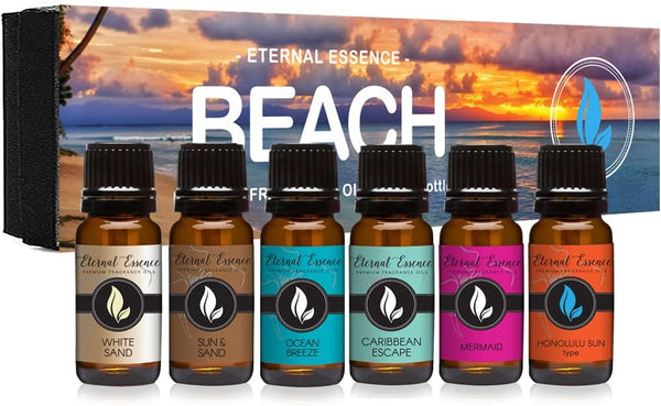 Beach Gift Set of 6 Premium Fragrance Oils - White Sand, Ocean Breeze, Honolulu Sun, Mermaid, Caribbean Escape, Sun &