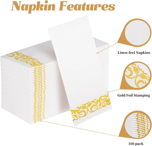 KAMMAK 100 Pack (16 16 inch) White Dinner Paper Napkins with Pocket Disposable Yellow Trim Linen Feel Wedding Reception
