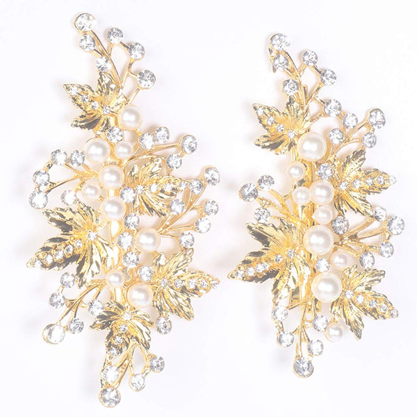 Wedding Hair Clips (2 Pcs) - Rhinestone Pearl Accessories for Bridal Women (Gold)