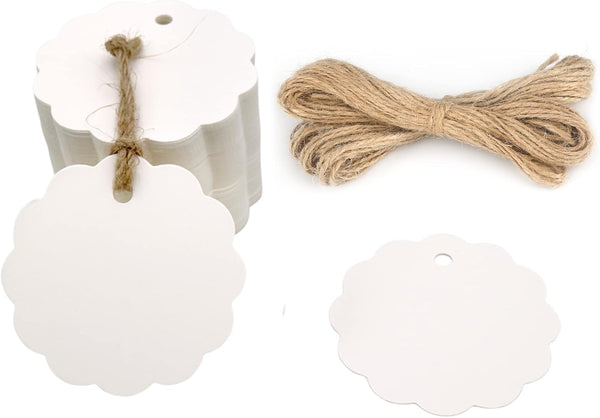 G2PLUS 100PCS Craft Scalloped Paper Gift Tags with Natural Jute Twines, 2.4 in Round for Birthday Party, Wedding Gifts,