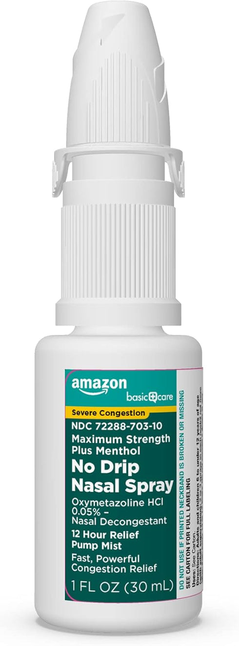 Amazon Basic Care No Drip Severe Congestion Nasal Pump Mist Spray - 12 Hour Relief, 1 fl oz
