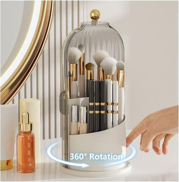 Makeup Brush Holder Organizer - 360° Rotating Luxury Cosmetic Organizer with Lid, Desktop Storage (White 1)