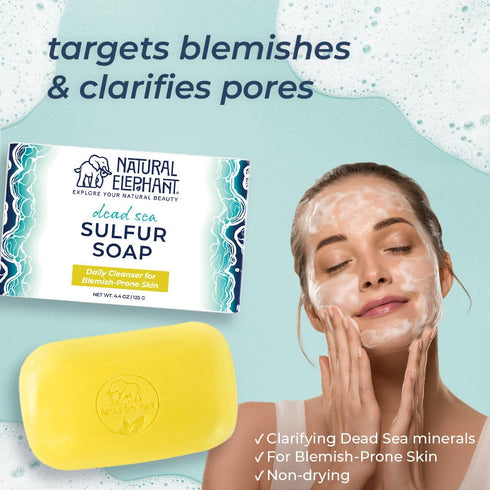 Natural Elephant Dead Sea Sulfur Soap 4.4 oz - Face and Body Cleanser Bar for All Skin Types, 2 Pack