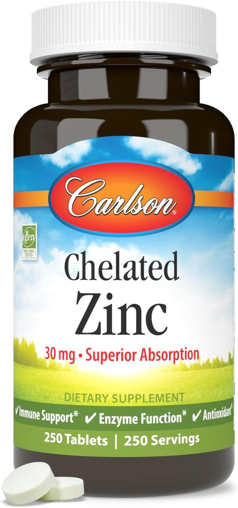 Carlson Chelated Zinc, 30 mg, Zinc Glycinate Chelate, Immune Support, 250 Tablets